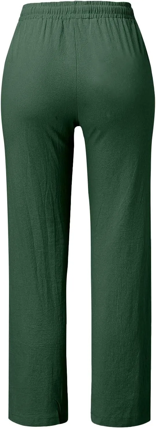 Linen Pants Women Summer Petite 2025 Summer Casual Palazzo Drawstring Cotton Linen Pants Beach Trousers with Pockets