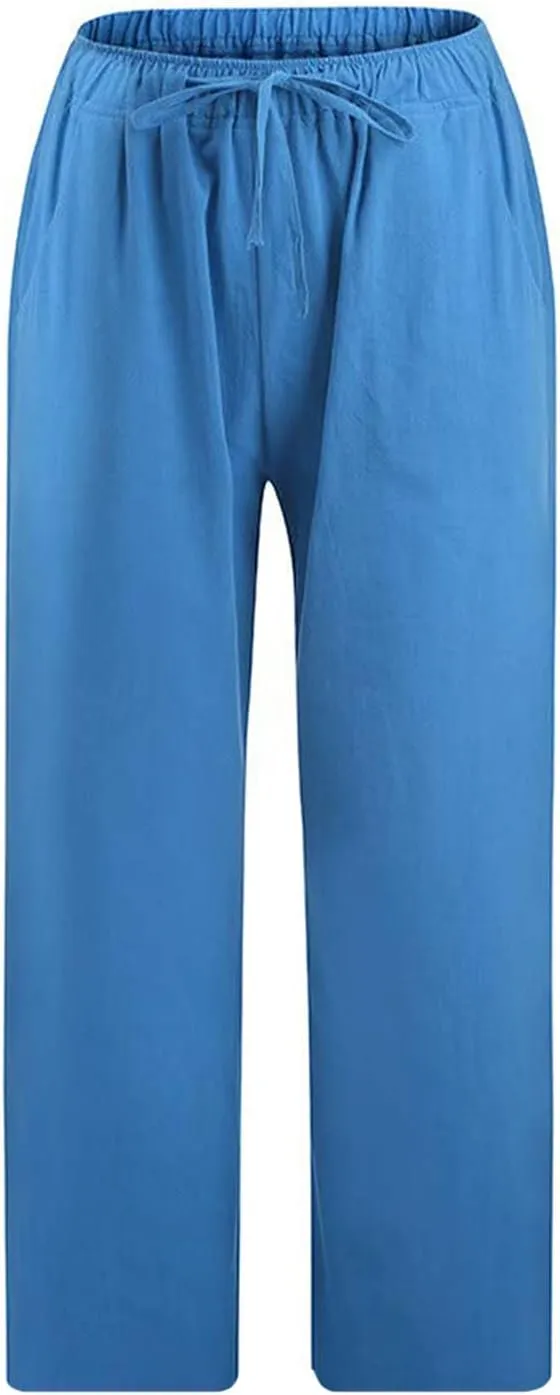 LRMQS Beach Pants Capri Length for Women 2024 Spring Summer Linen Capris Drawstring Elastic Waist Trendy Cropped Trousers