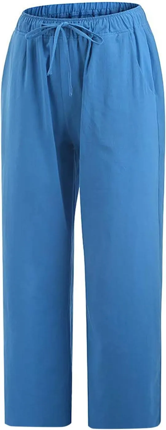 LRMQS Beach Pants Capri Length for Women 2024 Spring Summer Linen Capris Drawstring Elastic Waist Trendy Cropped Trousers