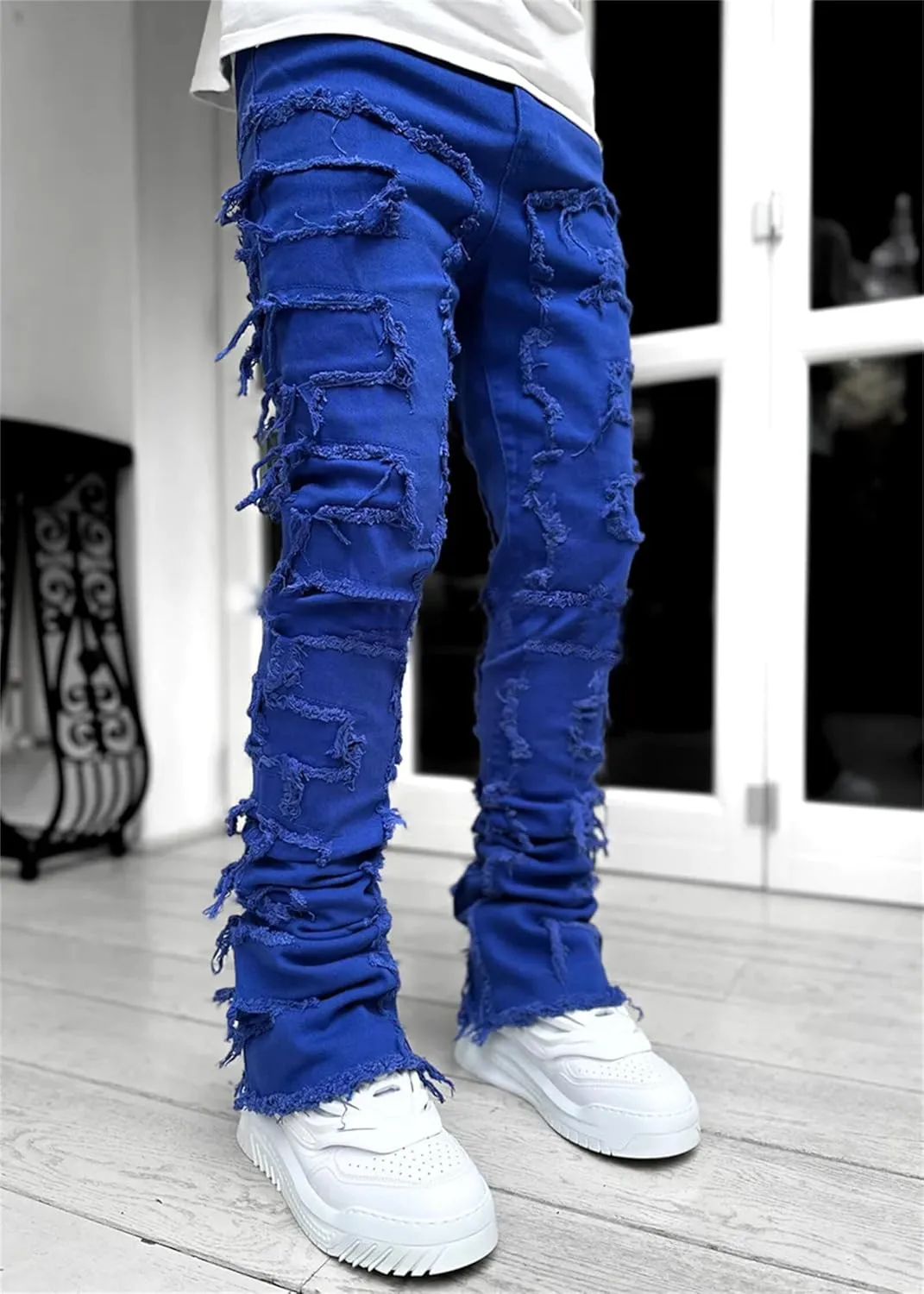 Mens Slim Fit Stretch Jeans Distressed Patchwork Stacked Frayed Skinny Denim Pants Straight Leg Trouser