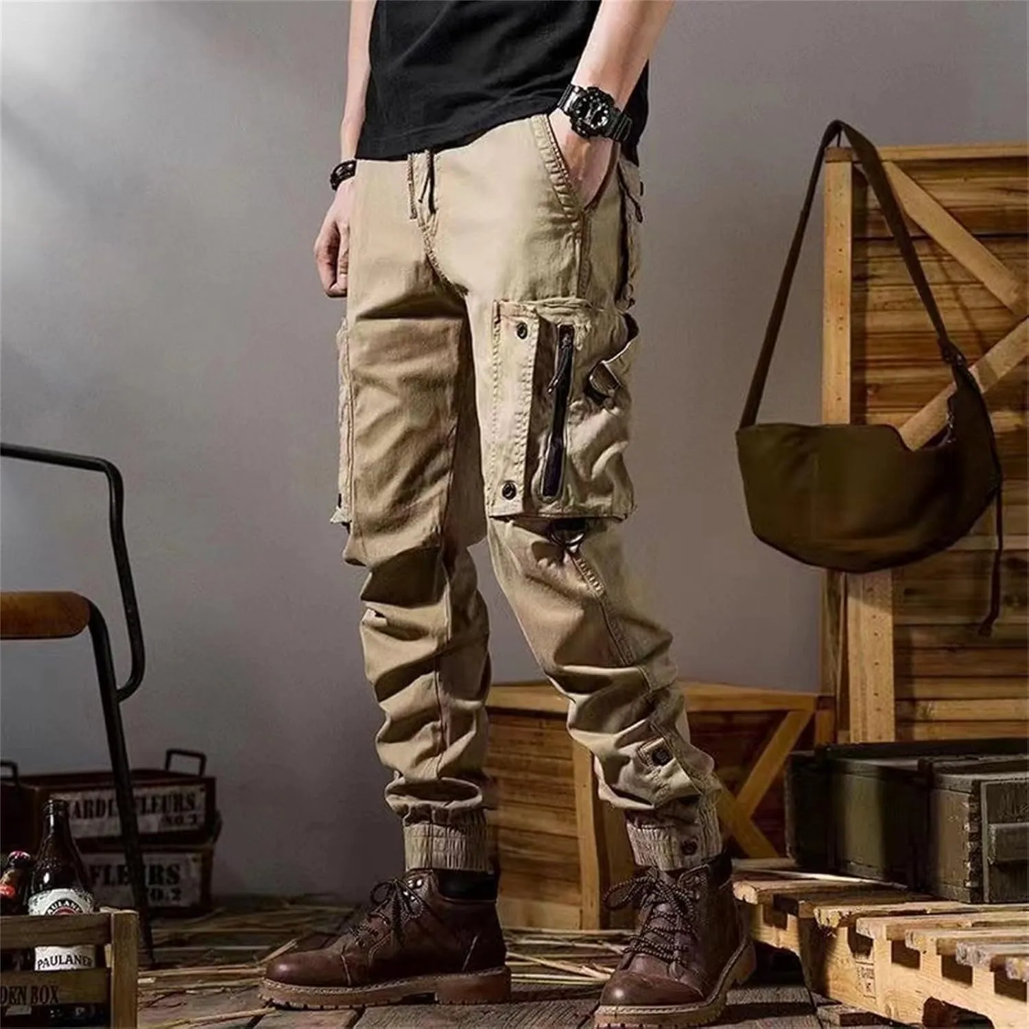 Men's Work Cargo Pants Utility Elastic Waist Pockets Quick Dry Loose Fit Tactical Pants Stretch Jogging Sweatpants