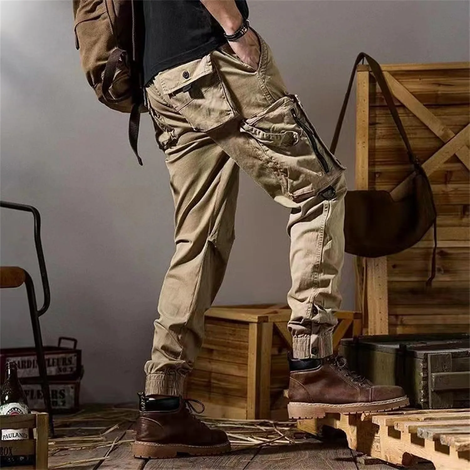 Men's Work Cargo Pants Utility Elastic Waist Pockets Quick Dry Loose Fit Tactical Pants Stretch Jogging Sweatpants