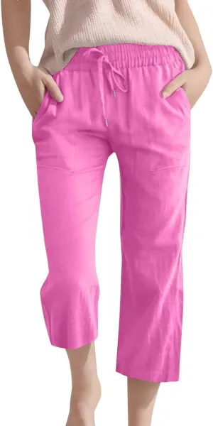 Moonker Kids Girls Linen 3/4 Trousers Lightweight Wide Leg Drawstin Elastic High Waist Solid Pants Baggy Daily