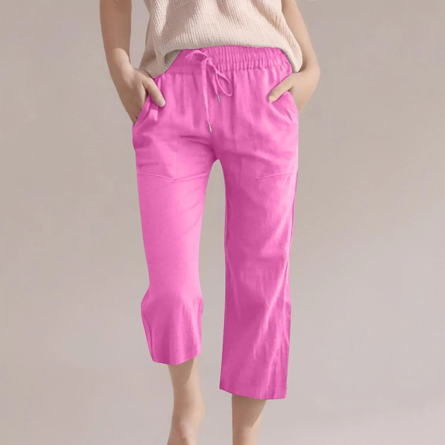 Moonker Kids Girls Linen 3/4 Trousers Lightweight Wide Leg Drawstin Elastic High Waist Solid Pants Baggy Daily