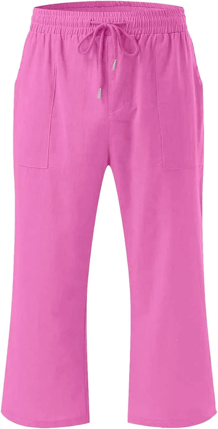Moonker Kids Girls Linen 3/4 Trousers Lightweight Wide Leg Drawstin Elastic High Waist Solid Pants Baggy Daily