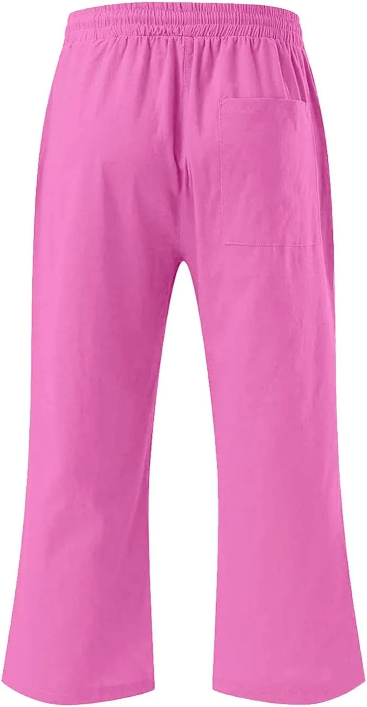 Moonker Kids Girls Linen 3/4 Trousers Lightweight Wide Leg Drawstin Elastic High Waist Solid Pants Baggy Daily