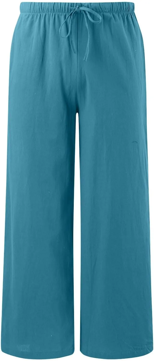 Palazzo Pants for Tall Women Summer Cotton Linen Pants Wide Leg with Pockets Drawstring Cozy Flowy Solid Color Trousers