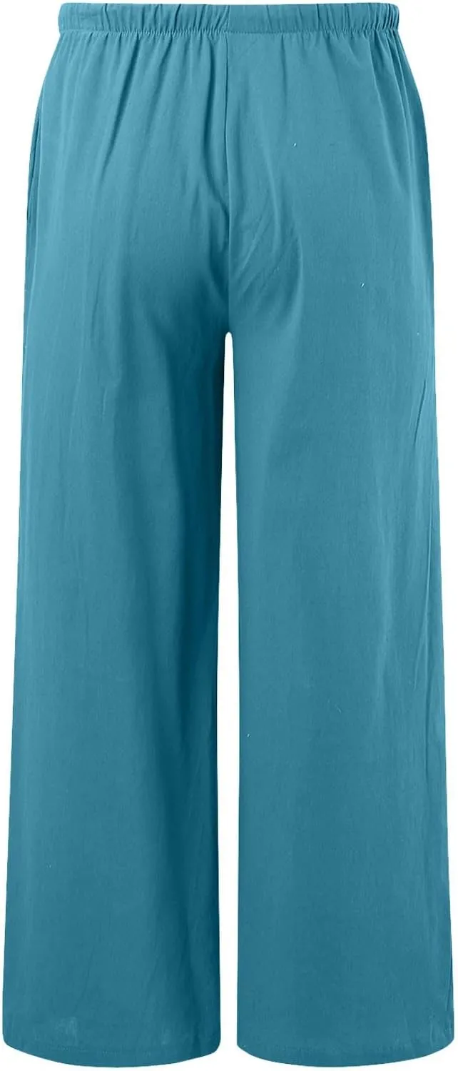 Palazzo Pants for Tall Women Summer Cotton Linen Pants Wide Leg with Pockets Drawstring Cozy Flowy Solid Color Trousers