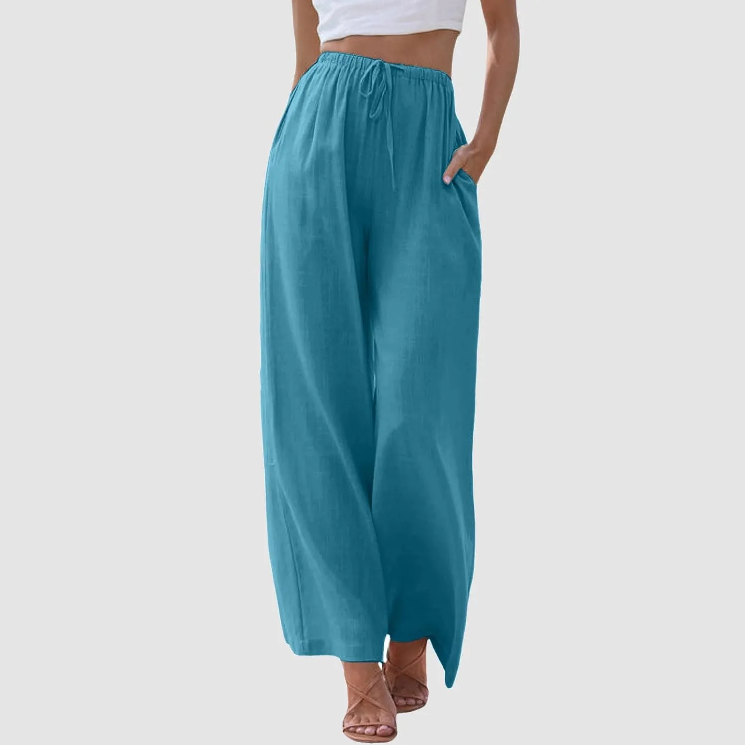 Palazzo Pants for Tall Women Summer Cotton Linen Pants Wide Leg with Pockets Drawstring Cozy Flowy Solid Color Trousers