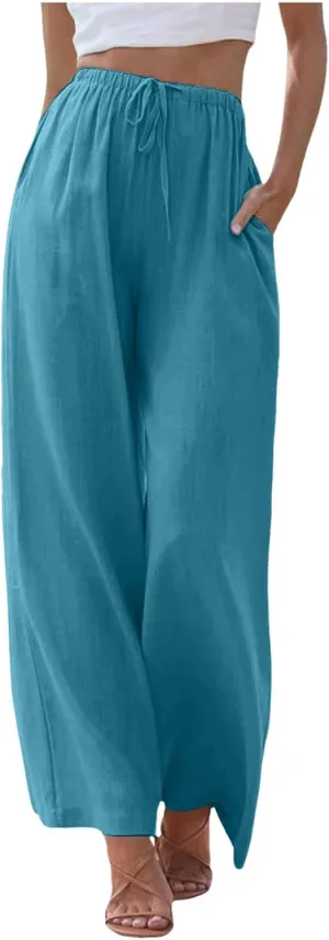 Palazzo Pants for Tall Women Summer Cotton Linen Pants Wide Leg with Pockets Drawstring Cozy Flowy Solid Color Trousers