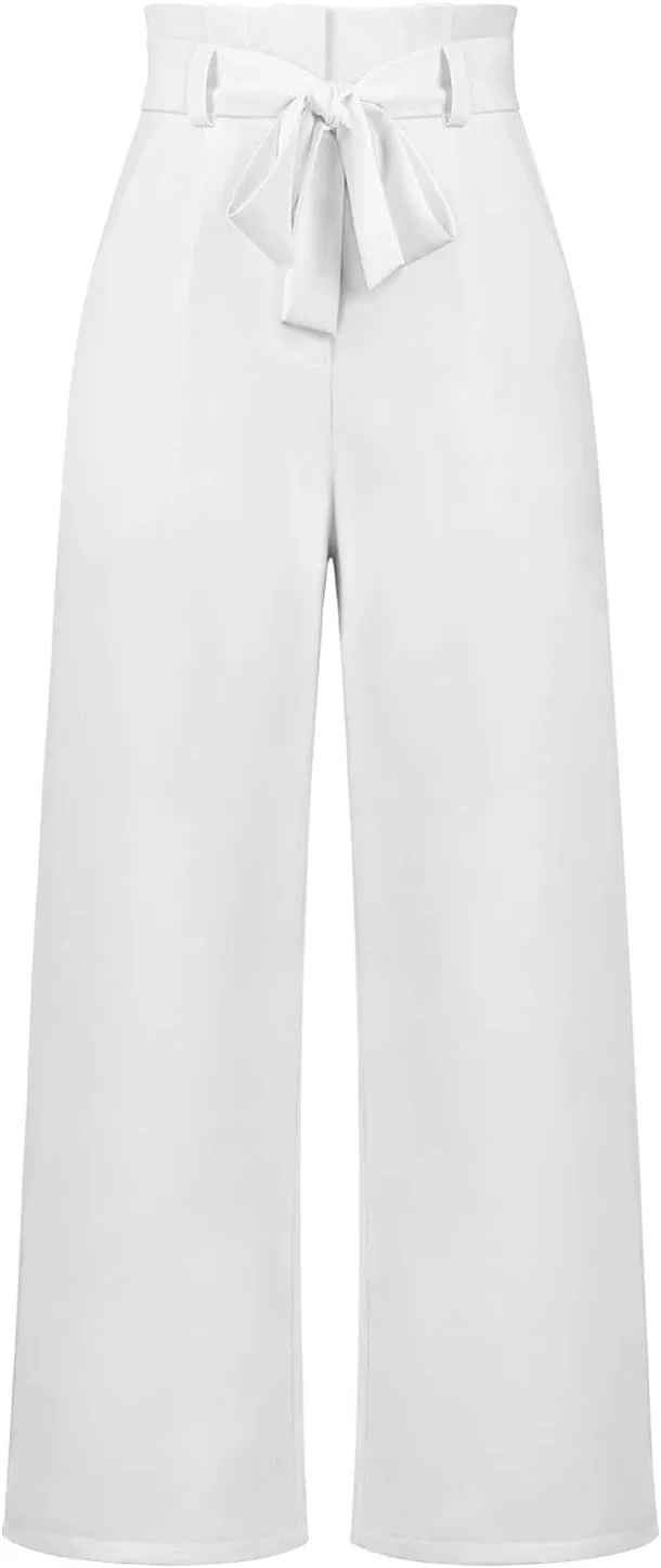 Paper Bag Pants Women High Waist Summer Casual Wide Leg Palazzo Pant Elegant Belted Long Trousers with Pockets