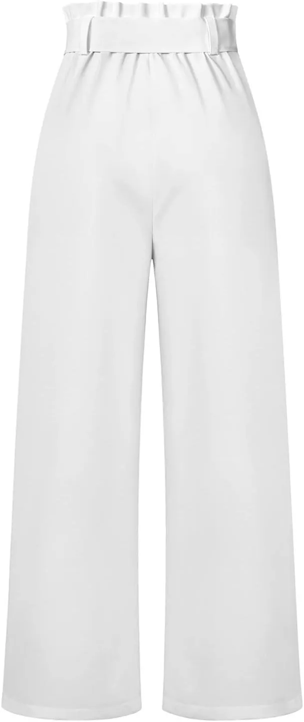 Paper Bag Pants Women High Waist Summer Casual Wide Leg Palazzo Pant Elegant Belted Long Trousers with Pockets