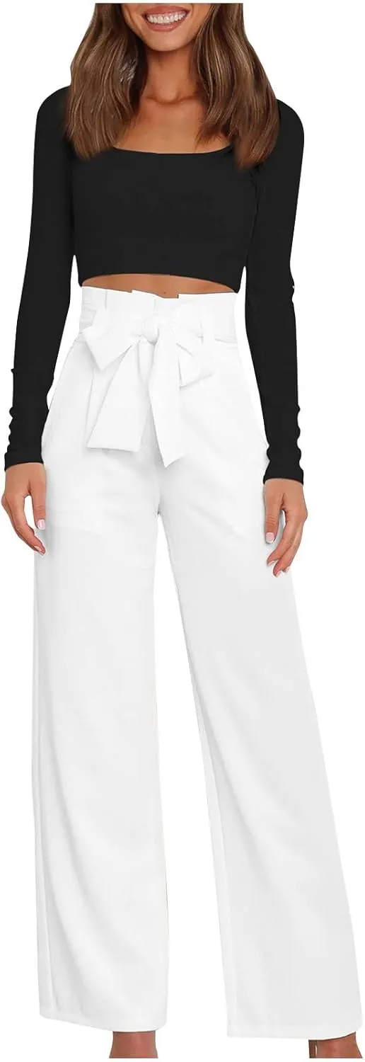 Paper Bag Pants Women High Waist Summer Casual Wide Leg Palazzo Pant Elegant Belted Long Trousers with Pockets