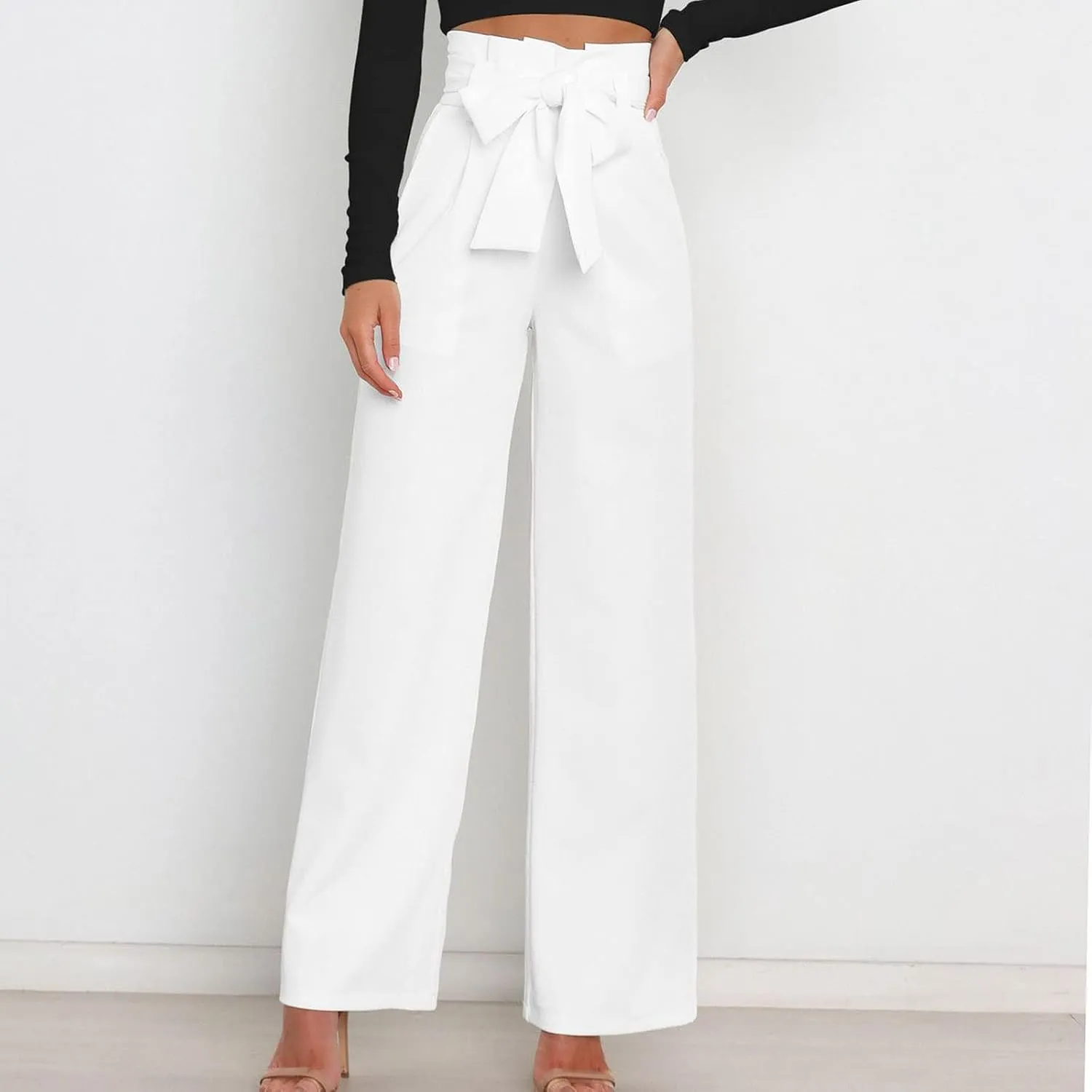 Paper Bag Pants Women High Waist Summer Casual Wide Leg Palazzo Pant Elegant Belted Long Trousers with Pockets