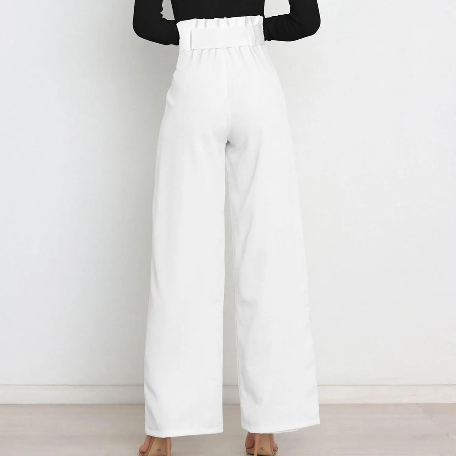Paper Bag Pants Women High Waist Summer Casual Wide Leg Palazzo Pant Elegant Belted Long Trousers with Pockets
