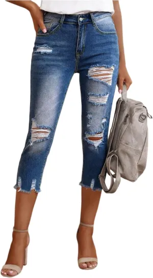 Ripped Denim Capris for Women Distressed Jeans Mid Rise Skinny Jeans Jeggings Ladies Casual Cropped Pants 2025