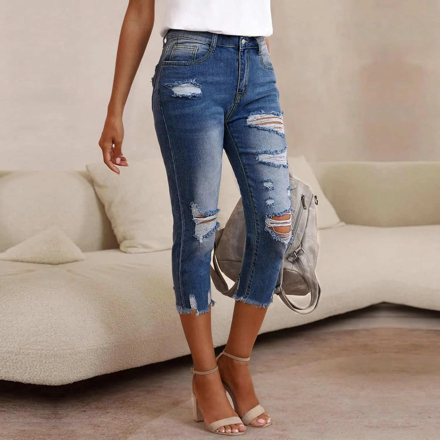 Ripped Denim Capris for Women Distressed Jeans Mid Rise Skinny Jeans Jeggings Ladies Casual Cropped Pants 2025