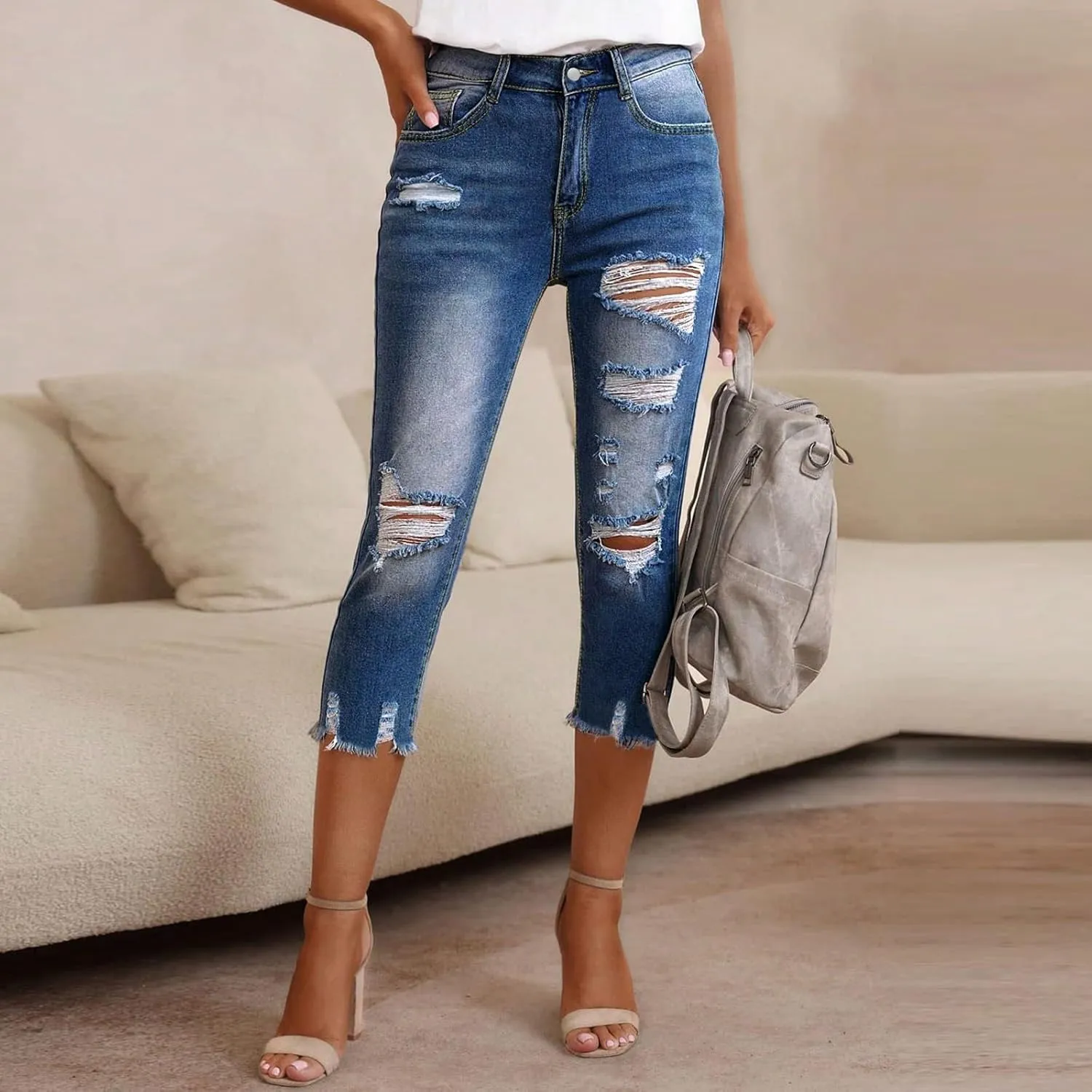 Ripped Denim Capris for Women Distressed Jeans Mid Rise Skinny Jeans Jeggings Ladies Casual Cropped Pants 2025