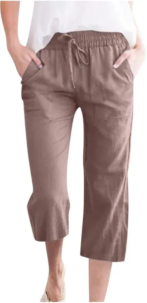 SMIDOW Capri Pants for Women Casual 2025 Summer Drawstring Elastic High Waist Linen Pant Straight Wide Leg Cropped Trouser