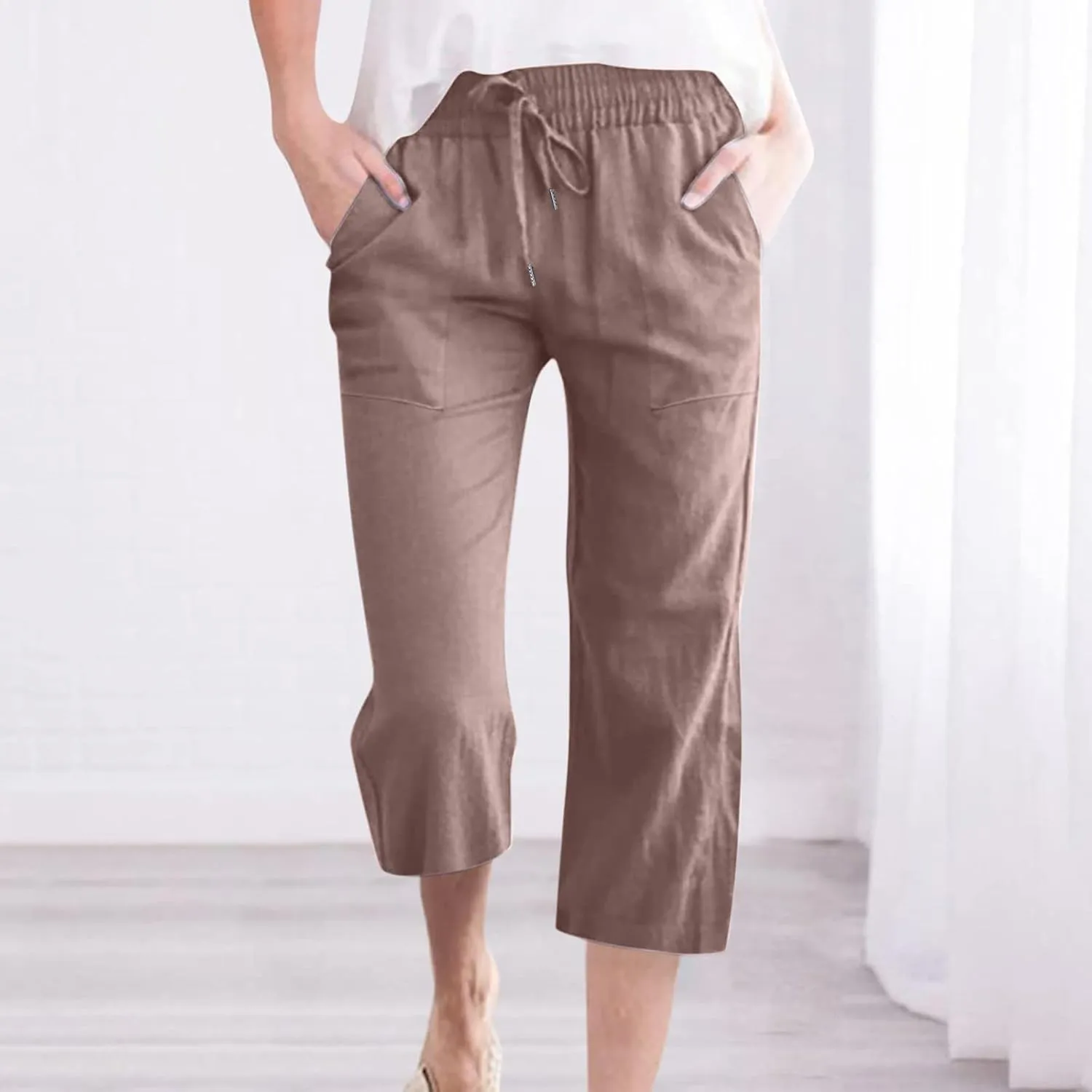 SMIDOW Capri Pants for Women Casual 2025 Summer Drawstring Elastic High Waist Linen Pant Straight Wide Leg Cropped Trouser