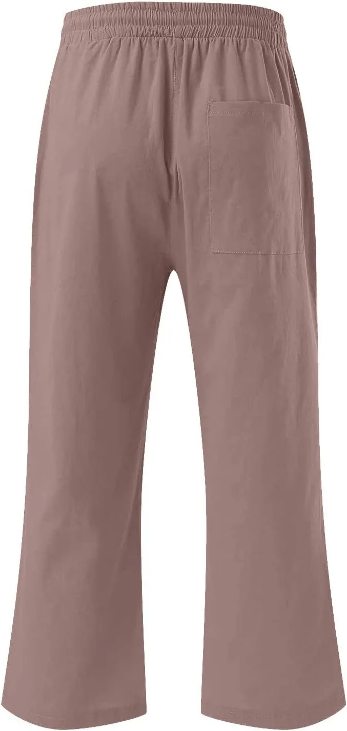SMIDOW Capri Pants for Women Casual 2025 Summer Drawstring Elastic High Waist Linen Pant Straight Wide Leg Cropped Trouser