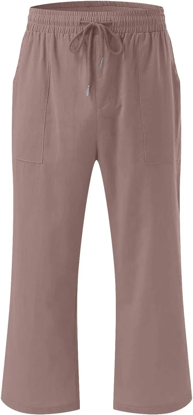 SMIDOW Capri Pants for Women Casual 2025 Summer Drawstring Elastic High Waist Linen Pant Straight Wide Leg Cropped Trouser