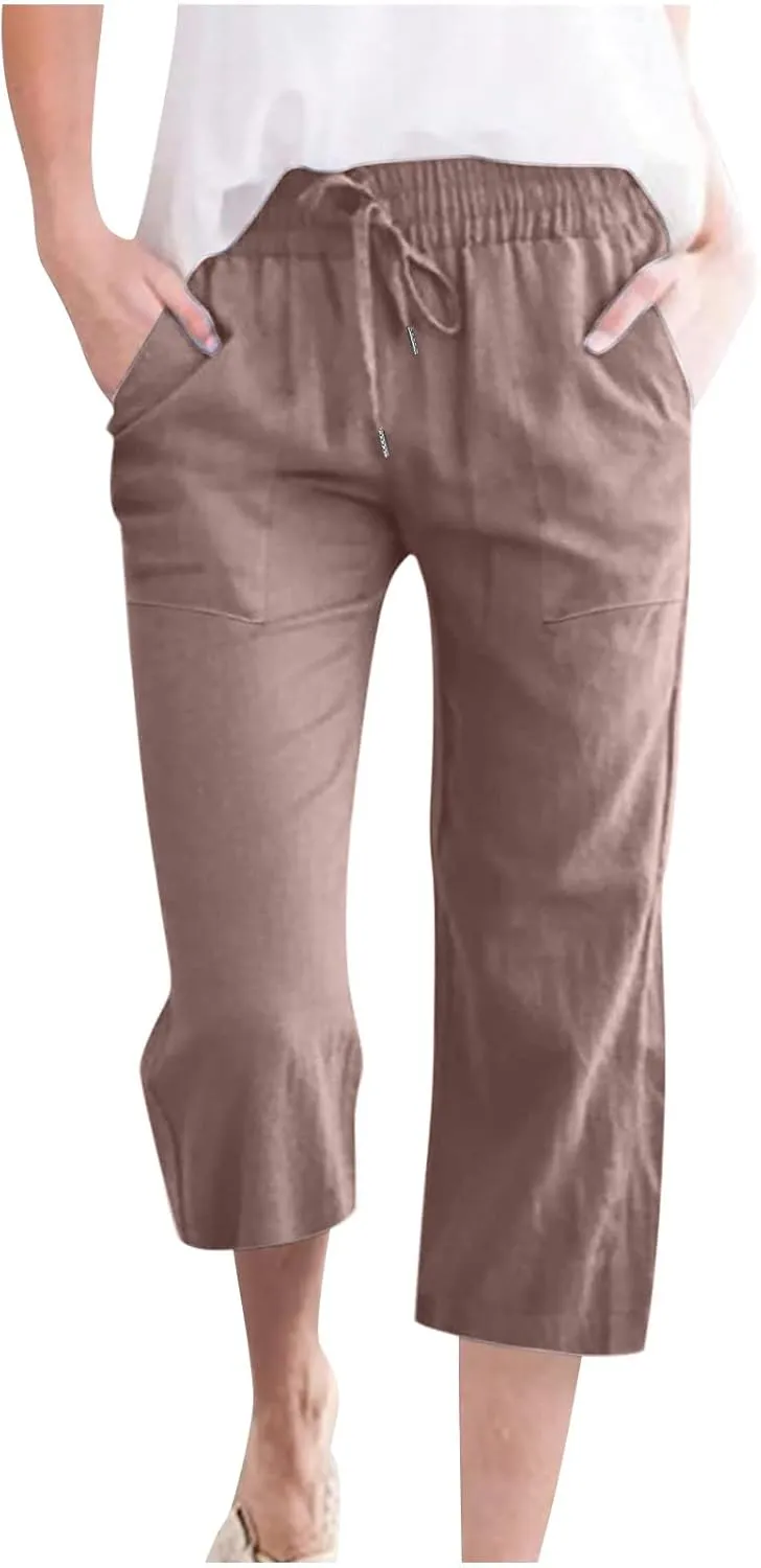 SMIDOW Capri Pants for Women Casual 2025 Summer Drawstring Elastic High Waist Linen Pant Straight Wide Leg Cropped Trouser