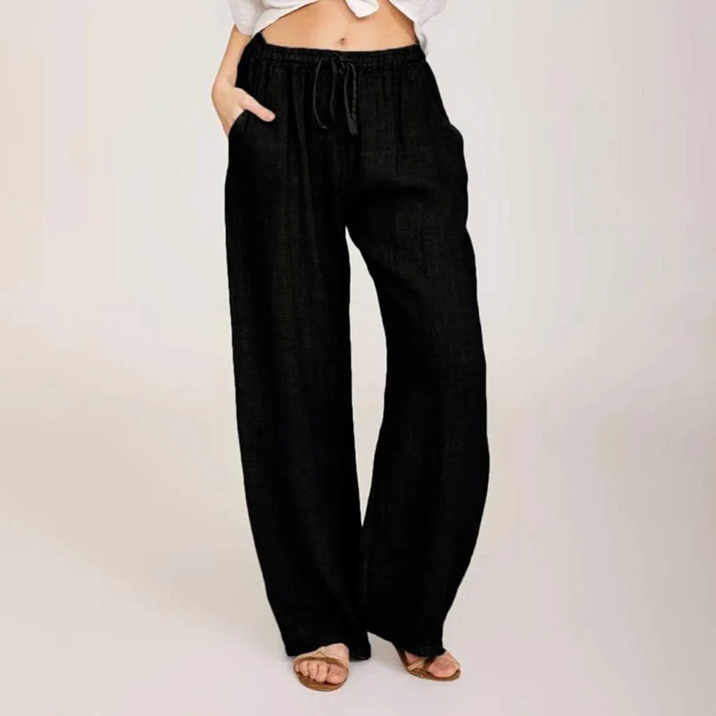 SMIDOW Summer Pants for Women 2023 Cotton Linen Elastic Waist Drawstring Wide Leg Ankle Length Lounge Pant with Pockets