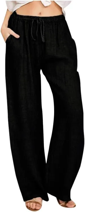 SMIDOW Summer Pants for Women 2023 Cotton Linen Elastic Waist Drawstring Wide Leg Ankle Length Lounge Pant with Pockets