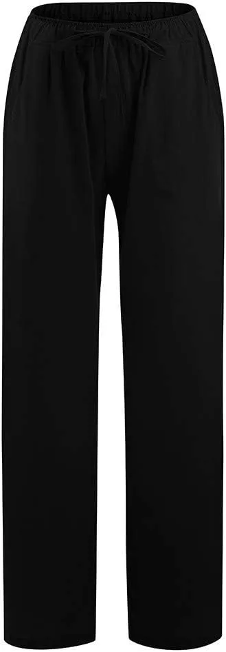 SMIDOW Summer Pants for Women 2023 Cotton Linen Elastic Waist Drawstring Wide Leg Ankle Length Lounge Pant with Pockets