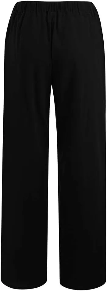 SMIDOW Summer Pants for Women 2023 Cotton Linen Elastic Waist Drawstring Wide Leg Ankle Length Lounge Pant with Pockets