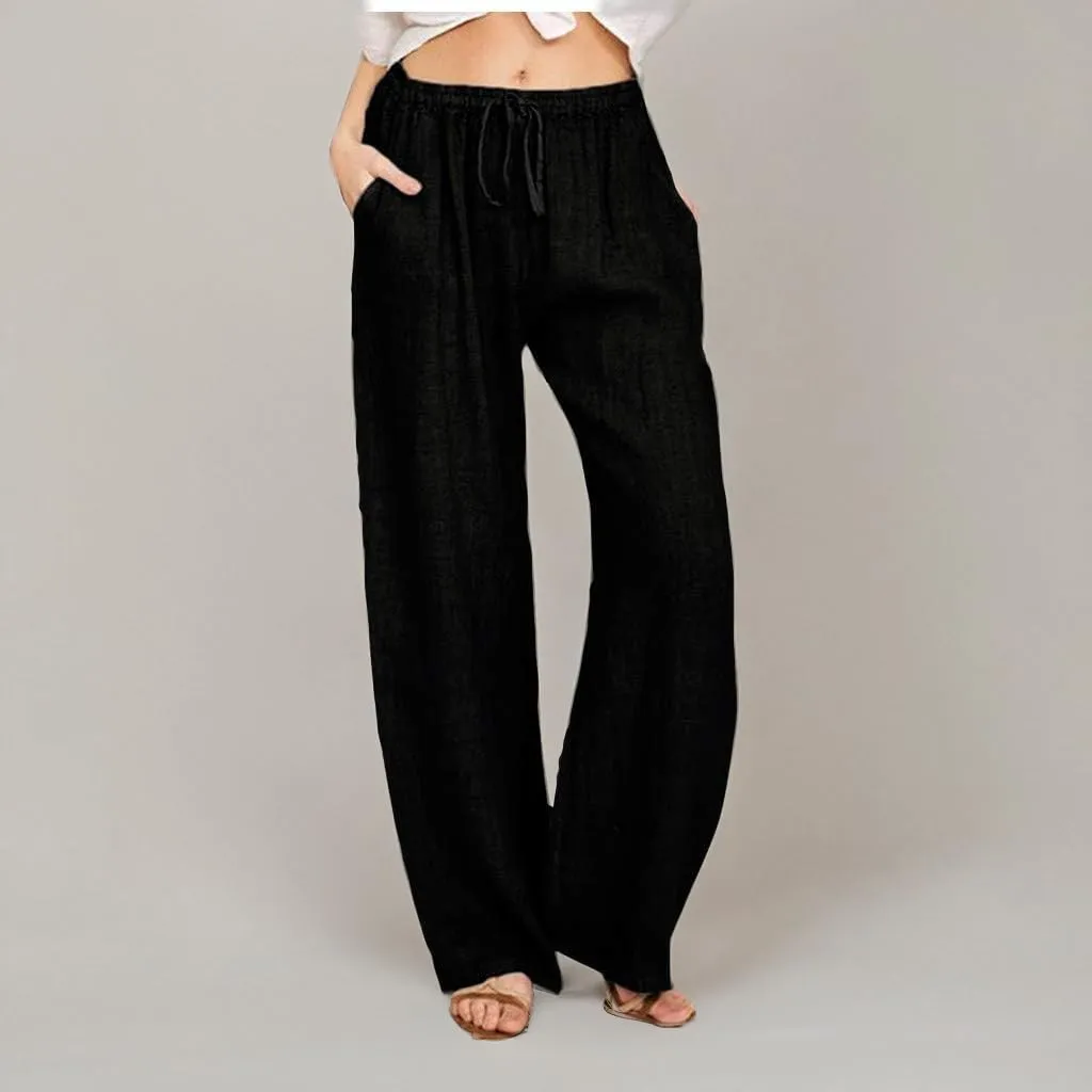 SMIDOW Summer Pants for Women 2023 Cotton Linen Elastic Waist Drawstring Wide Leg Ankle Length Lounge Pant with Pockets