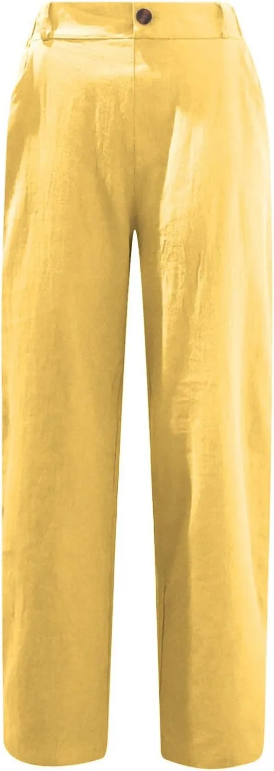 SMIDOW Womens Linen Button Cropped Pants Elastic High Waist Casual Loose Comfy Straight Leg Capris Lounge Trouser Dressy