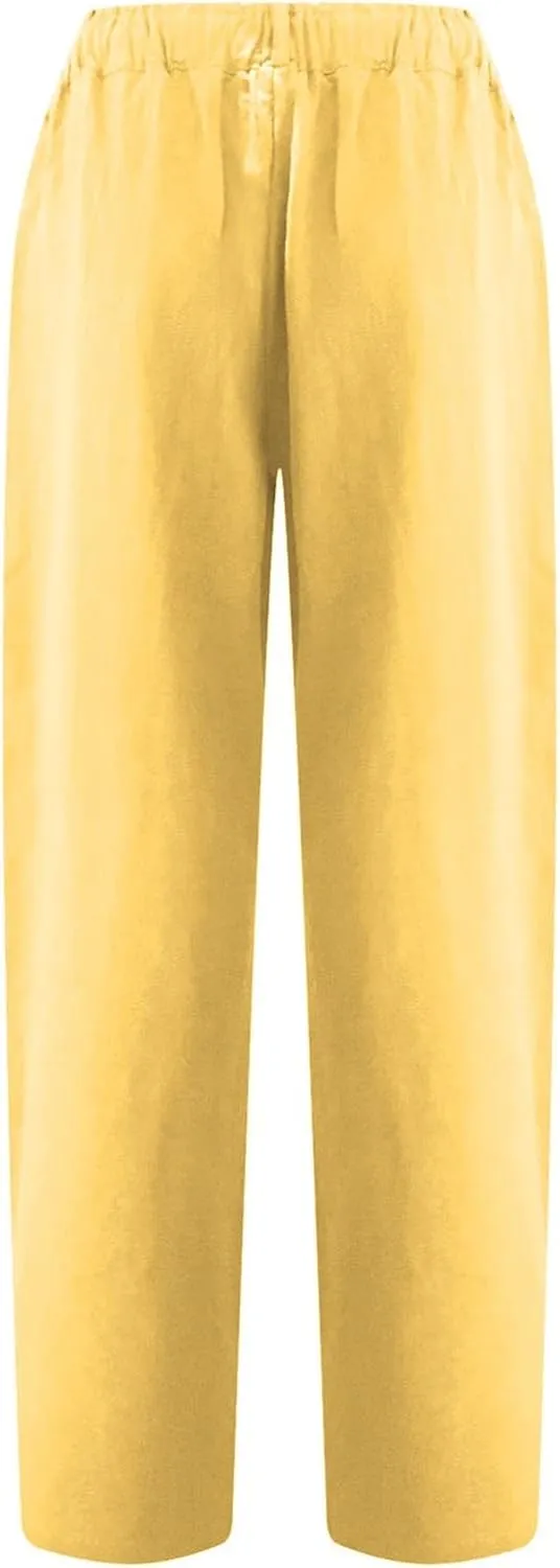 SMIDOW Womens Linen Button Cropped Pants Elastic High Waist Casual Loose Comfy Straight Leg Capris Lounge Trouser Dressy