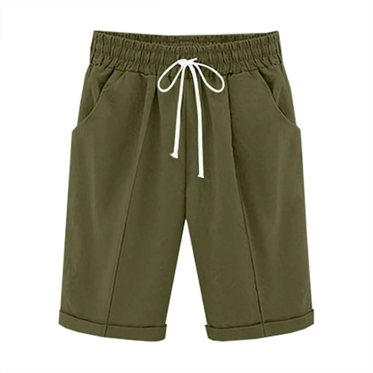 Straight Leg Shorts for Women Cotton Linen Drawstring Elastic Waist Short Pants Casual Leisure Comfy Bermuda Shorts