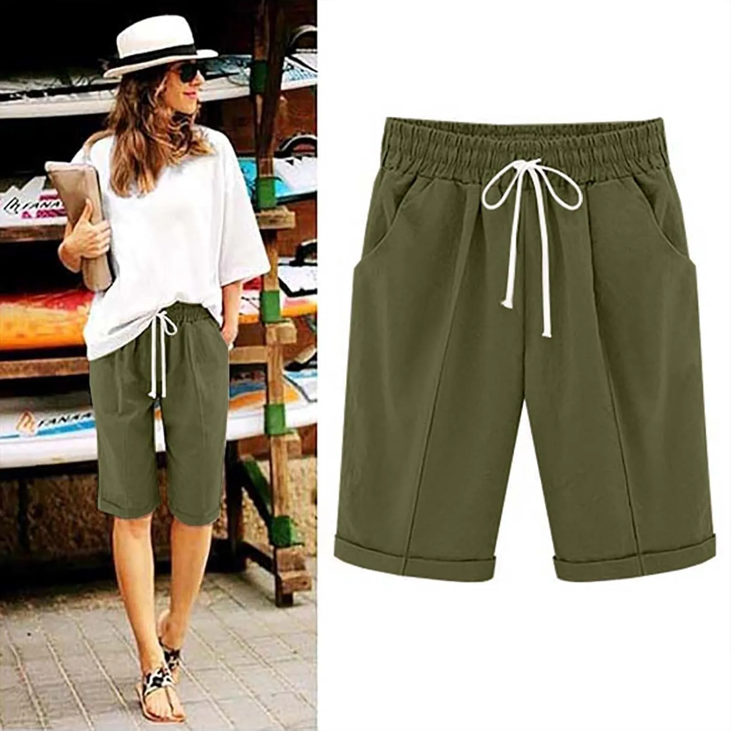 Straight Leg Shorts for Women Cotton Linen Drawstring Elastic Waist Short Pants Casual Leisure Comfy Bermuda Shorts