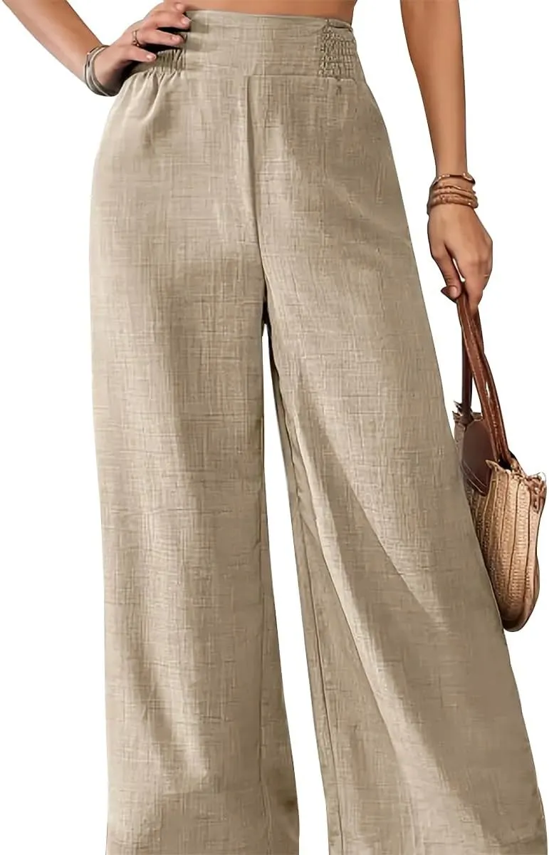 TOPSRANI Women Casual Palazzo Pants Boho Wide Leg Trousers High Elastic Waist Summer Loose Lounge Beach Travel Vacation