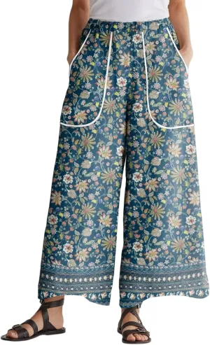 Wide Leg Pants for Women Summer High Waisted Palazzo Floral Print Pants Elastic Waist Lounge Trousers with Pocket