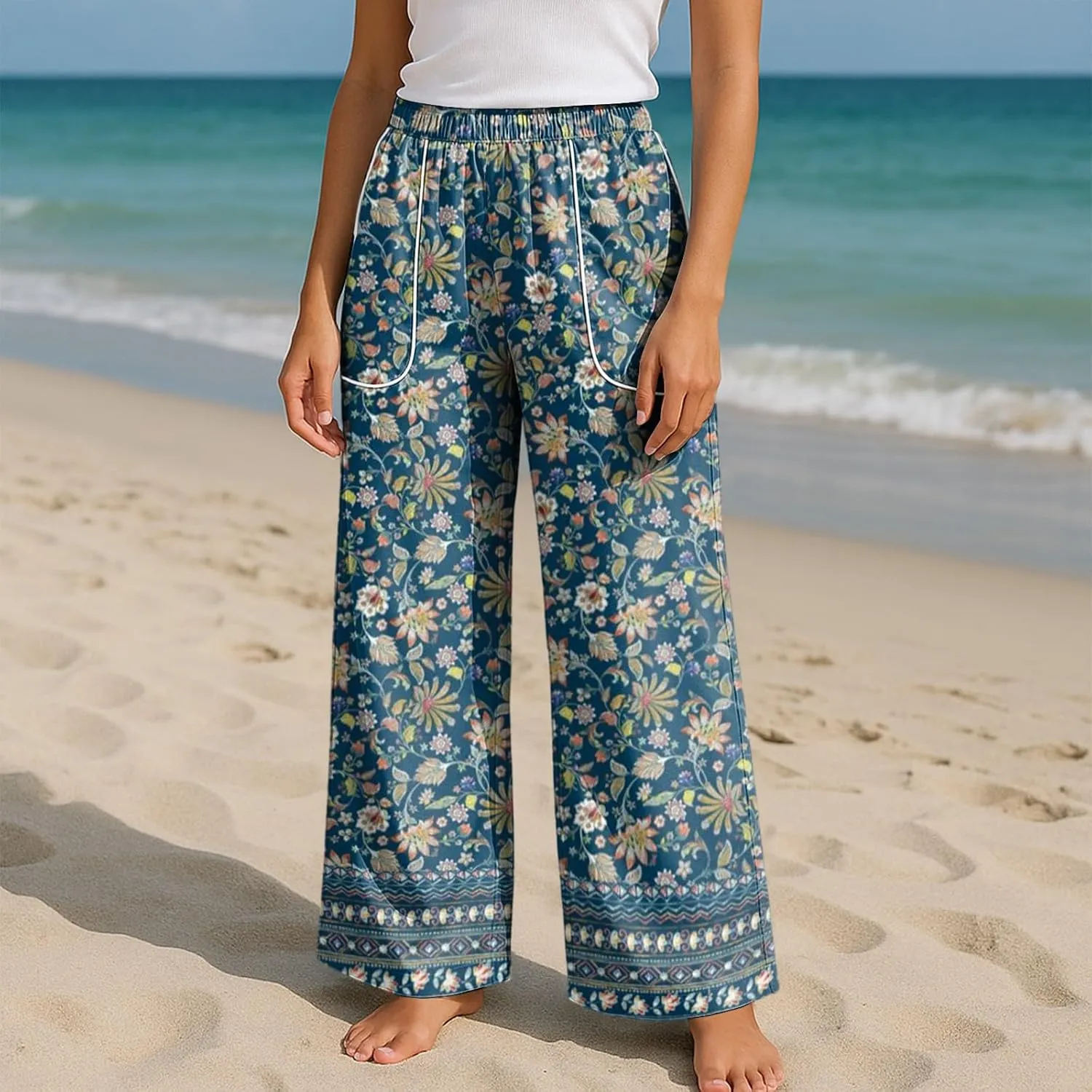 Wide Leg Pants for Women Summer High Waisted Palazzo Floral Print Pants Elastic Waist Lounge Trousers with Pocket