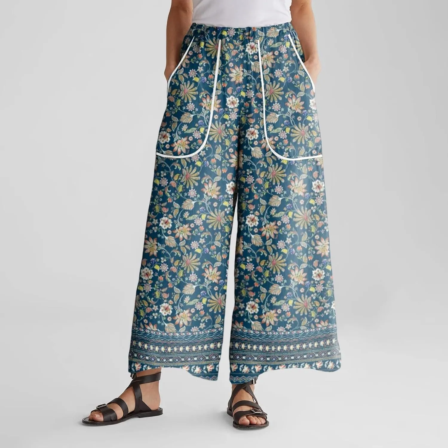 Wide Leg Pants for Women Summer High Waisted Palazzo Floral Print Pants Elastic Waist Lounge Trousers with Pocket