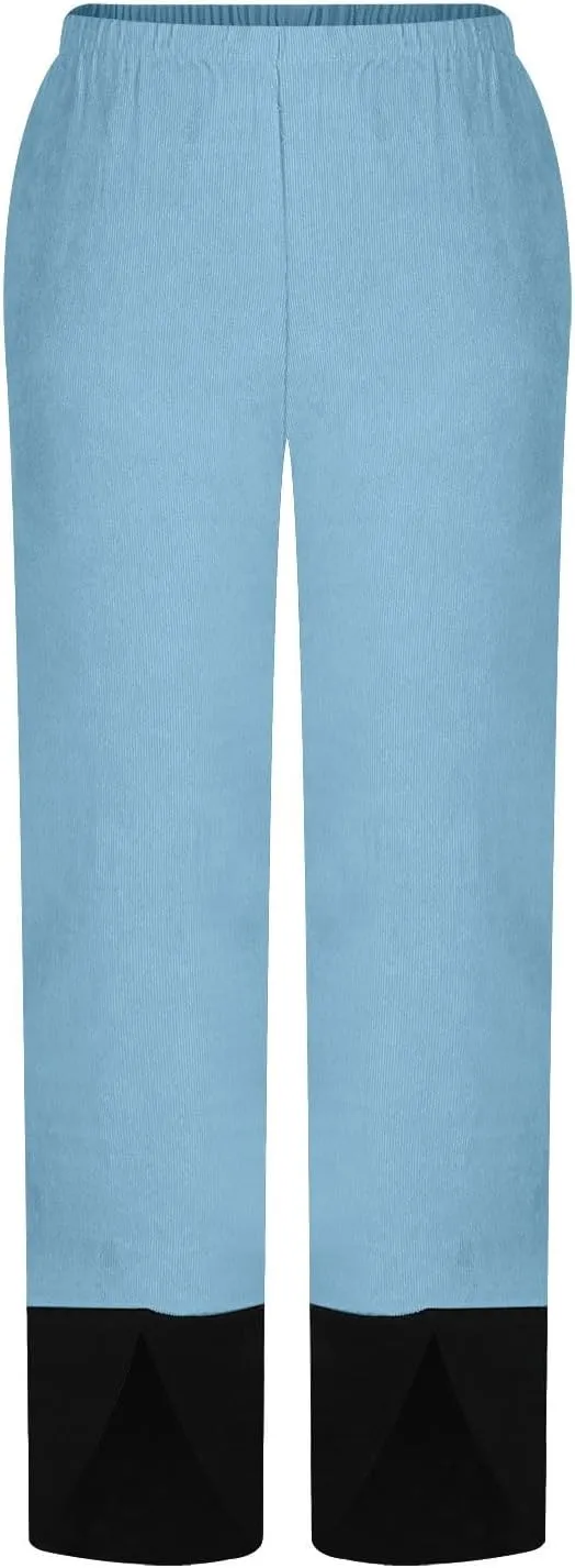 Women Baggy Corduroy Pants Loose Fit High Waist Fall Pant Elastic Waist Color Block Trousers Comfy Slit Slacks