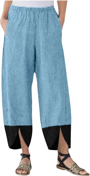 Women Baggy Corduroy Pants Loose Fit High Waist Fall Pant Elastic Waist Color Block Trousers Comfy Slit Slacks