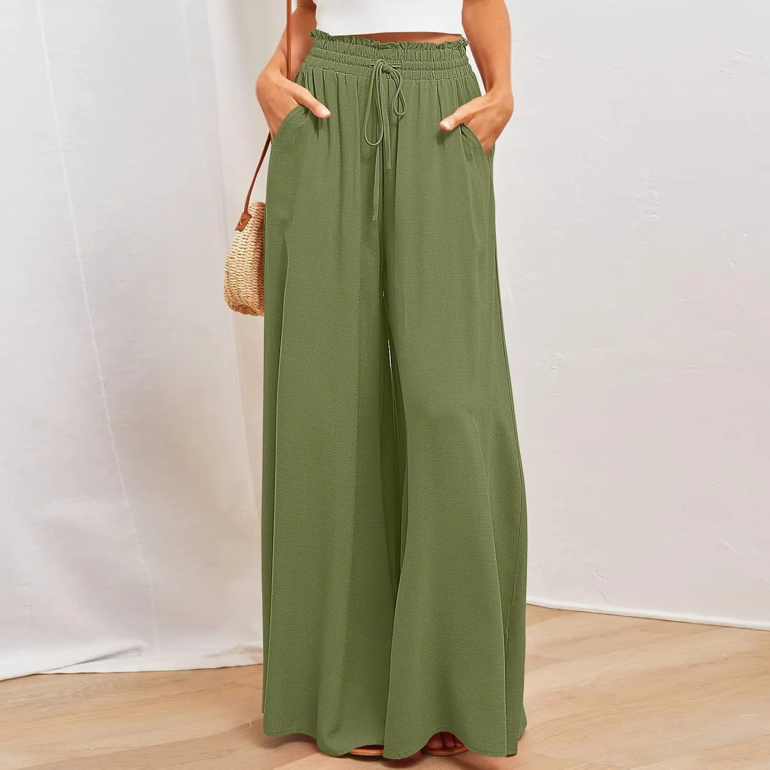 Women Flowy Pants Summer Fashion High Waisted Drawstring Wide Leg Casual Baggy Lightweight Breathable Solid Trosuers