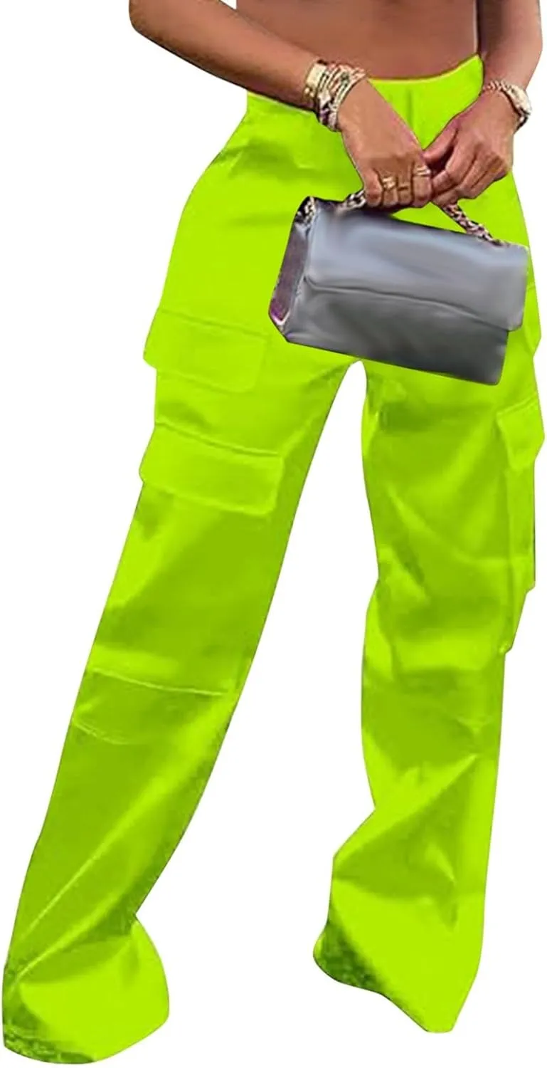Women High Waisted Satin Cargo Pants Baggy Wide Leg Multi Pockets Pant Vintage Straight Trousers Y2k Streetwear