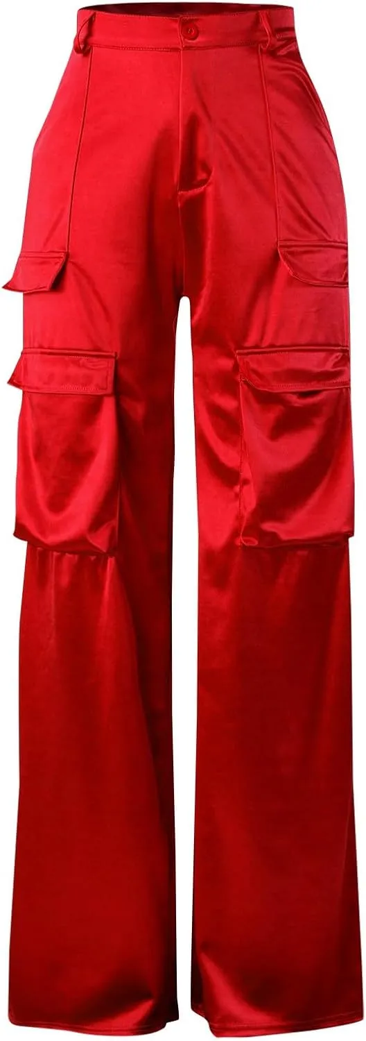 Women High Waisted Satin Cargo Pants Baggy Wide Leg Multi Pockets Pant Vintage Straight Trousers Y2k Streetwear