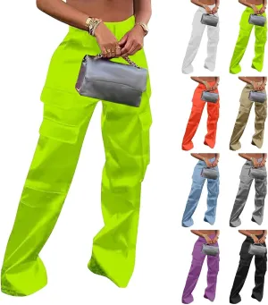 Women High Waisted Satin Cargo Pants Baggy Wide Leg Multi Pockets Pant Vintage Straight Trousers Y2k Streetwear
