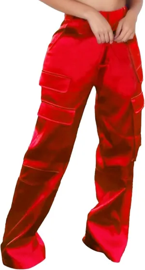 Women High Waisted Satin Cargo Pants Baggy Wide Leg Multi Pockets Pant Vintage Straight Trousers Y2k Streetwear