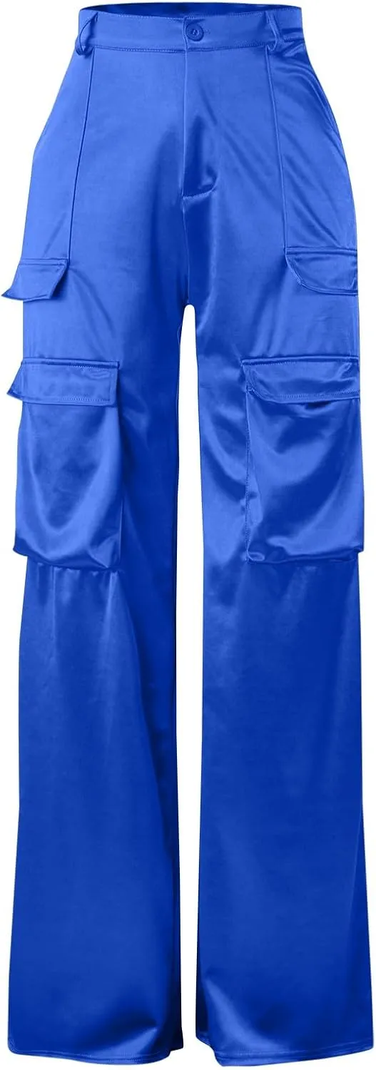Women High Waisted Satin Cargo Pants Baggy Wide Leg Multi Pockets Pant Vintage Straight Trousers Y2k Streetwear