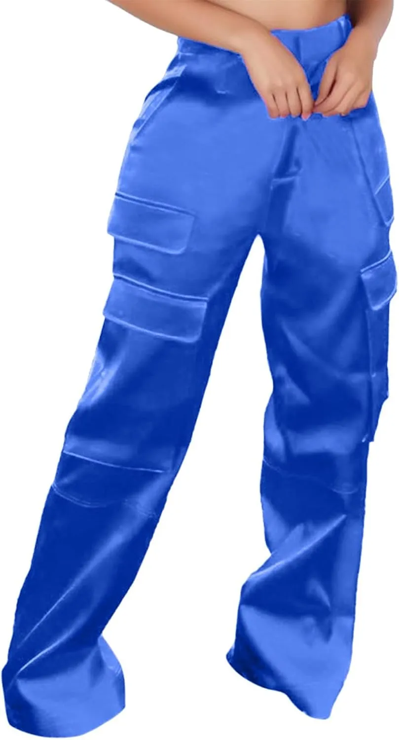 Women High Waisted Satin Cargo Pants Baggy Wide Leg Multi Pockets Pant Vintage Straight Trousers Y2k Streetwear