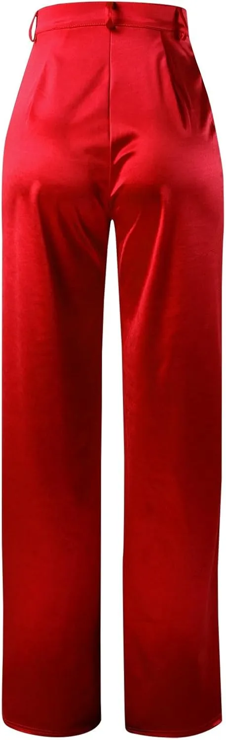 Women High Waisted Satin Cargo Pants Baggy Wide Leg Multi Pockets Pant Vintage Straight Trousers Y2k Streetwear